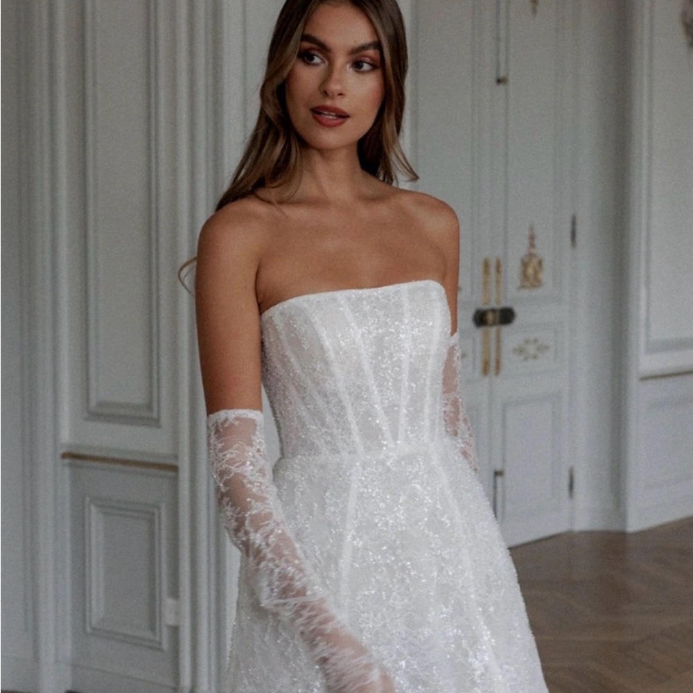 White Strapless Mini Dress with Lace Gloves